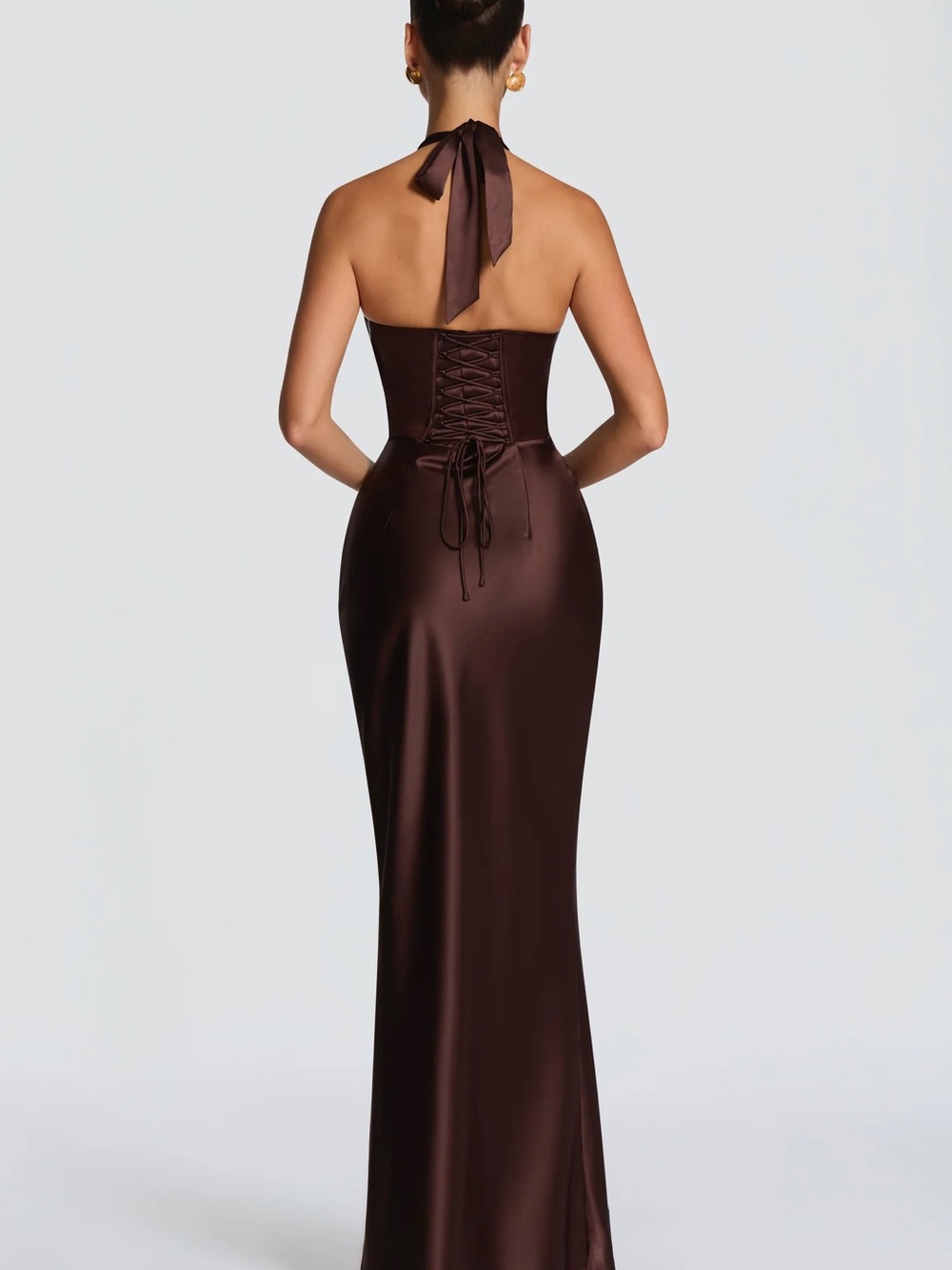 BabyBoo Fashion Elowen Satin Halter Evening Gown in Plum Brown - Picture 2 of 10